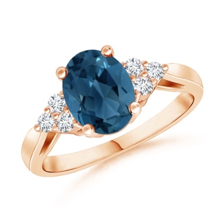 8x6mm AA Oval London Blue Topaz Cocktail Ring with Trio Diamonds in Rose Gold