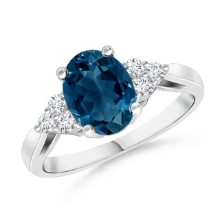 8x6mm AAAA Oval London Blue Topaz Cocktail Ring with Trio Diamonds in P950 Platinum
