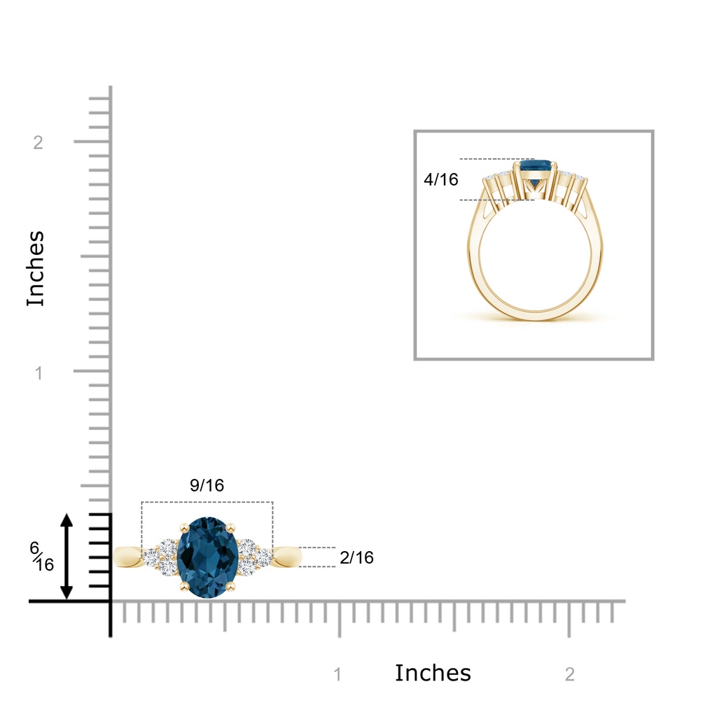 9x7mm AAA Oval London Blue Topaz Cocktail Ring with Trio Diamonds in Yellow Gold Product Image