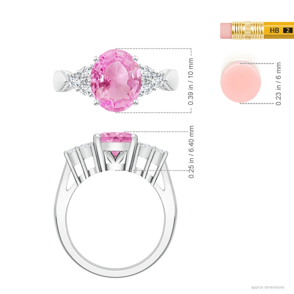 10x8mm A Oval Pink Sapphire Cocktail Ring With Trio Diamond Accents in White Gold ruler