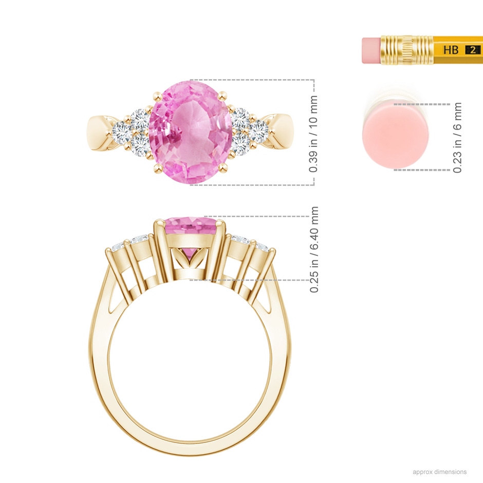 10x8mm A Oval Pink Sapphire Cocktail Ring With Trio Diamond Accents in Yellow Gold ruler