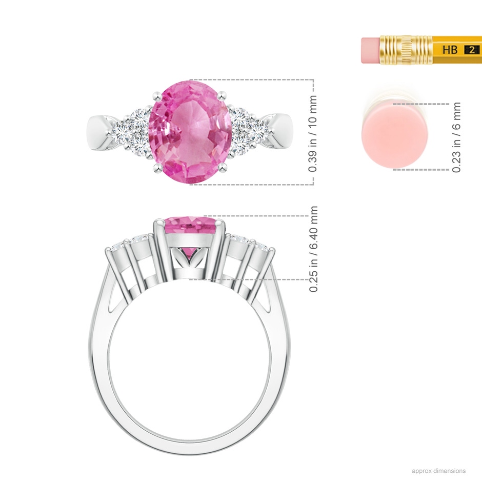 10x8mm AA Oval Pink Sapphire Cocktail Ring With Trio Diamond Accents in White Gold ruler