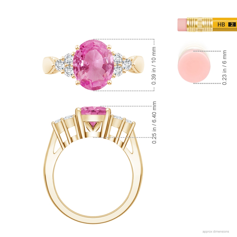 10x8mm AA Oval Pink Sapphire Cocktail Ring With Trio Diamond Accents in Yellow Gold ruler