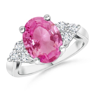 10x8mm AAA Oval Pink Sapphire Cocktail Ring With Trio Diamond Accents in P950 Platinum