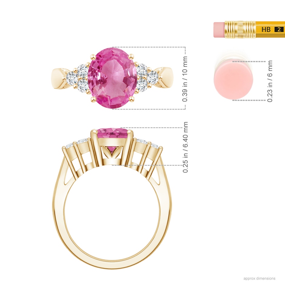 10x8mm AAA Oval Pink Sapphire Cocktail Ring With Trio Diamond Accents in Yellow Gold ruler