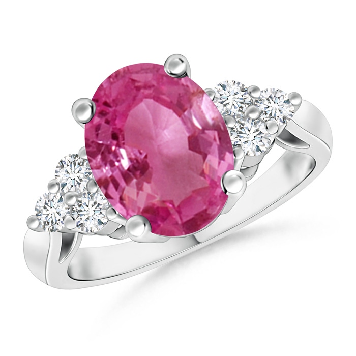 10x8mm AAAA Oval Pink Sapphire Cocktail Ring With Trio Diamond Accents in White Gold