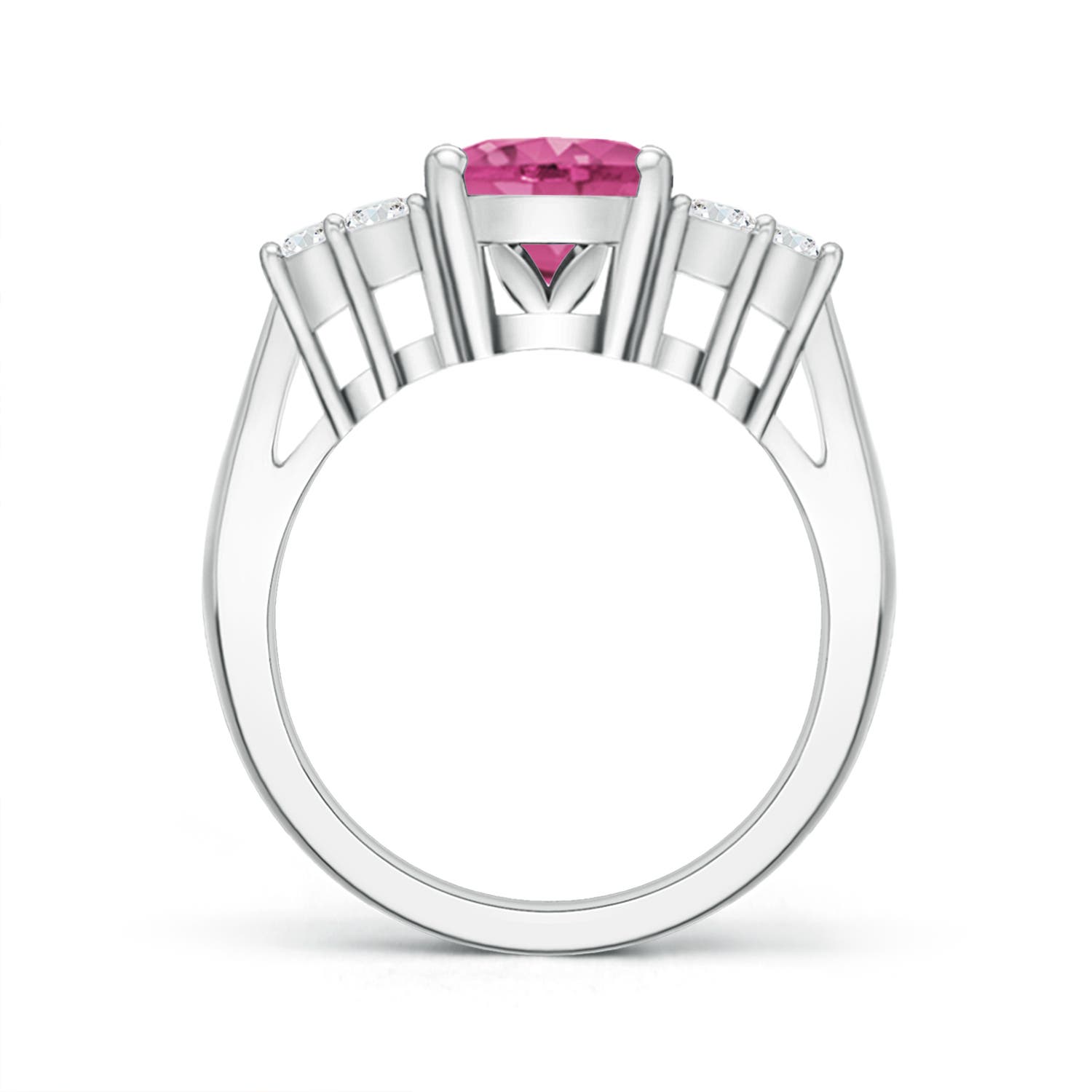 10x8mm AAAA Oval Pink Sapphire Cocktail Ring With Trio Diamond Accents in White Gold