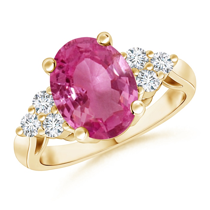 10x8mm AAAA Oval Pink Sapphire Cocktail Ring With Trio Diamond Accents in Yellow Gold 