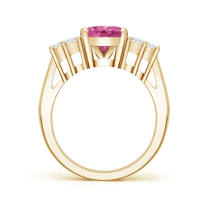 10x8mm AAAA Oval Pink Sapphire Cocktail Ring With Trio Diamond Accents in Yellow Gold Side-1