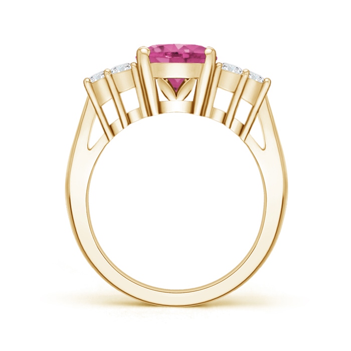 10x8mm AAAA Oval Pink Sapphire Cocktail Ring With Trio Diamond Accents in Yellow Gold side-1