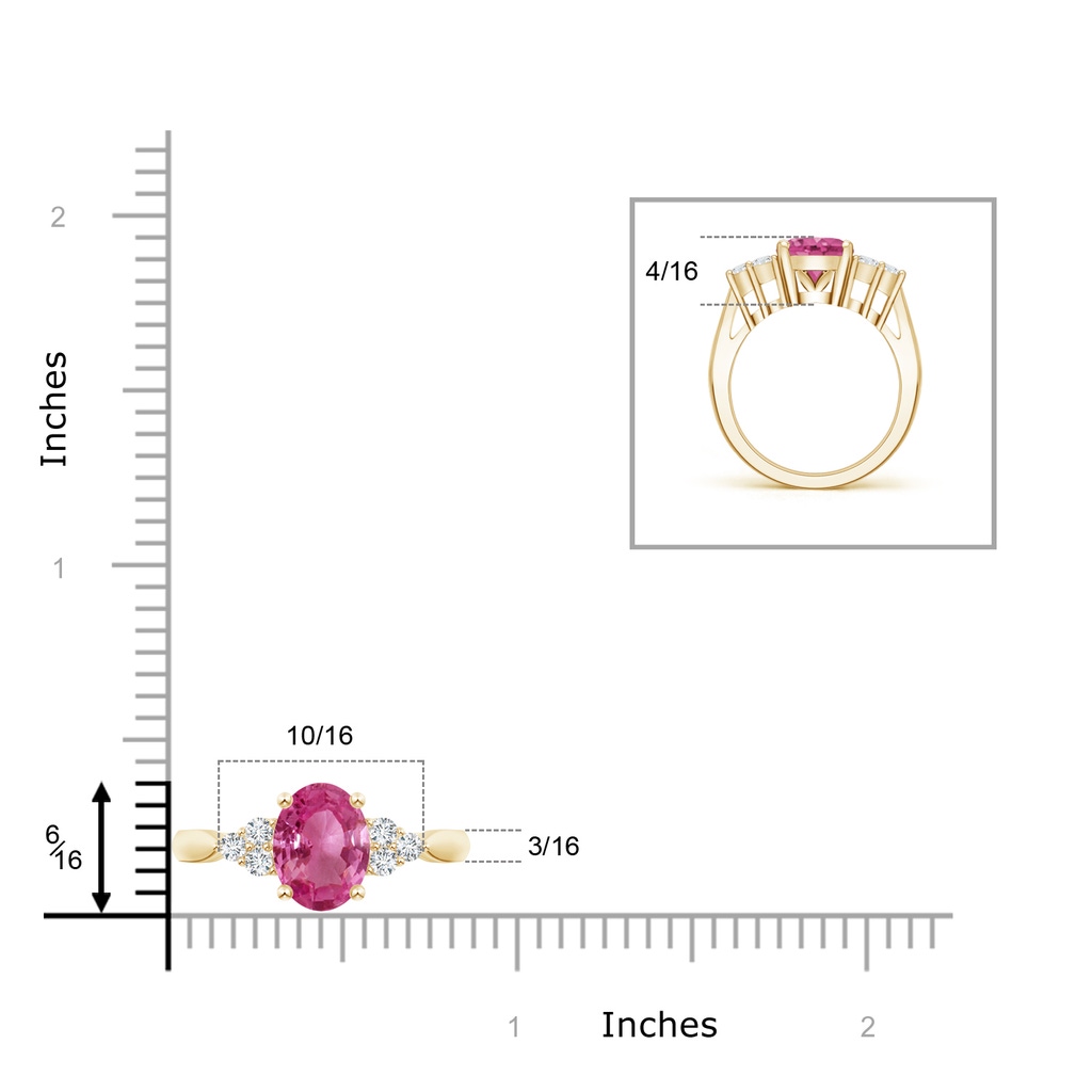 10x8mm AAAA Oval Pink Sapphire Cocktail Ring With Trio Diamond Accents in Yellow Gold Ruler