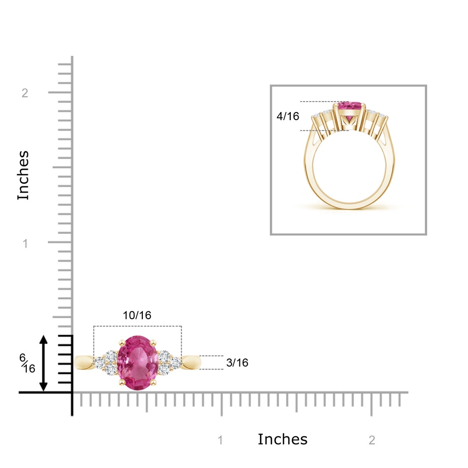 10x8mm AAAA Oval Pink Sapphire Cocktail Ring With Trio Diamond Accents in Yellow Gold ruler