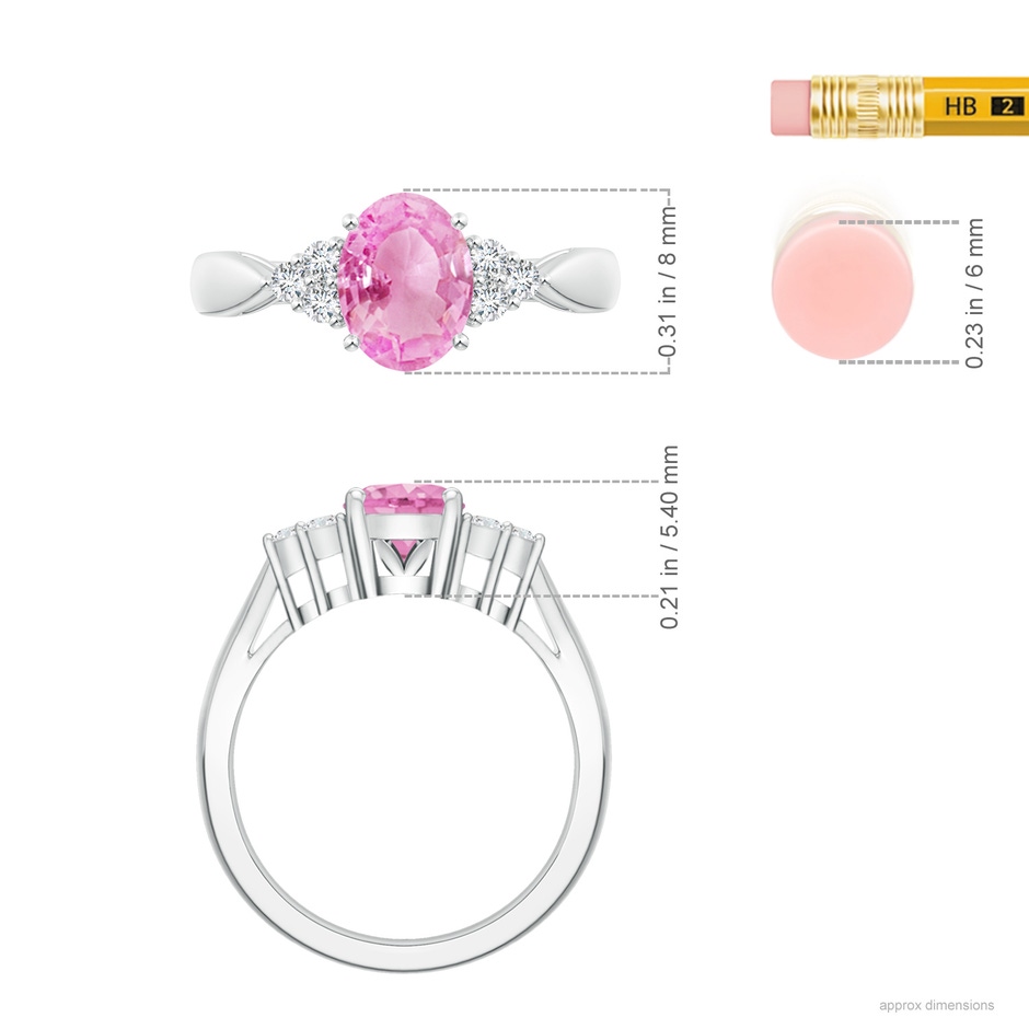 8x6mm A Oval Pink Sapphire Cocktail Ring With Trio Diamond Accents in White Gold ruler