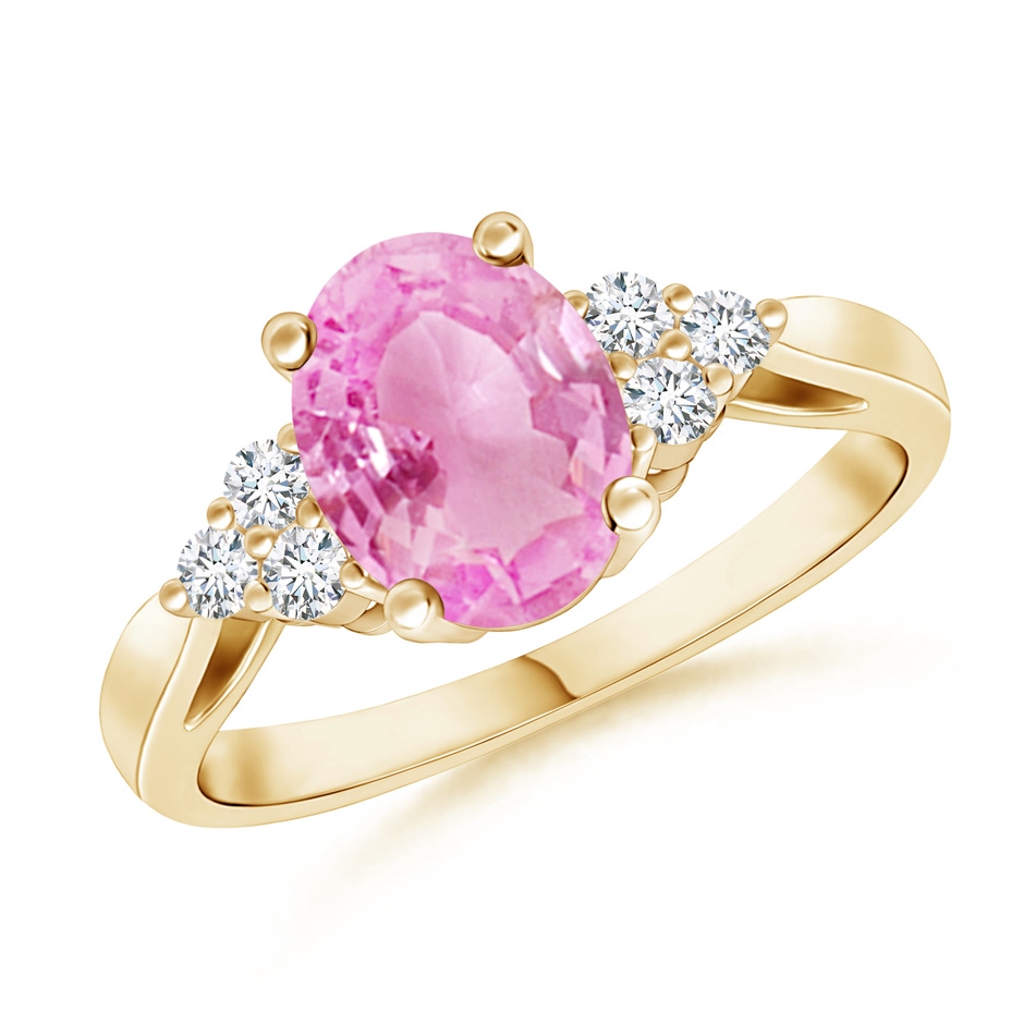 8x6mm A Oval Pink Sapphire Cocktail Ring With Trio Diamond Accents in Yellow Gold 