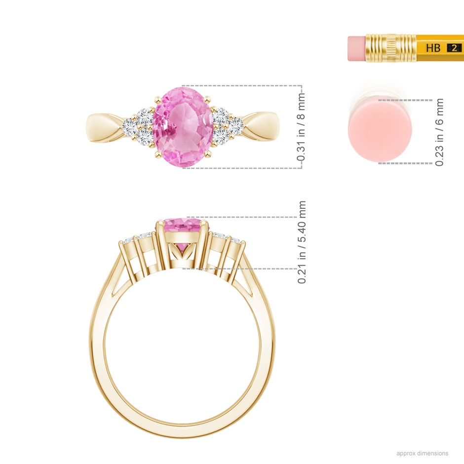 8x6mm A Oval Pink Sapphire Cocktail Ring With Trio Diamond Accents in Yellow Gold ruler