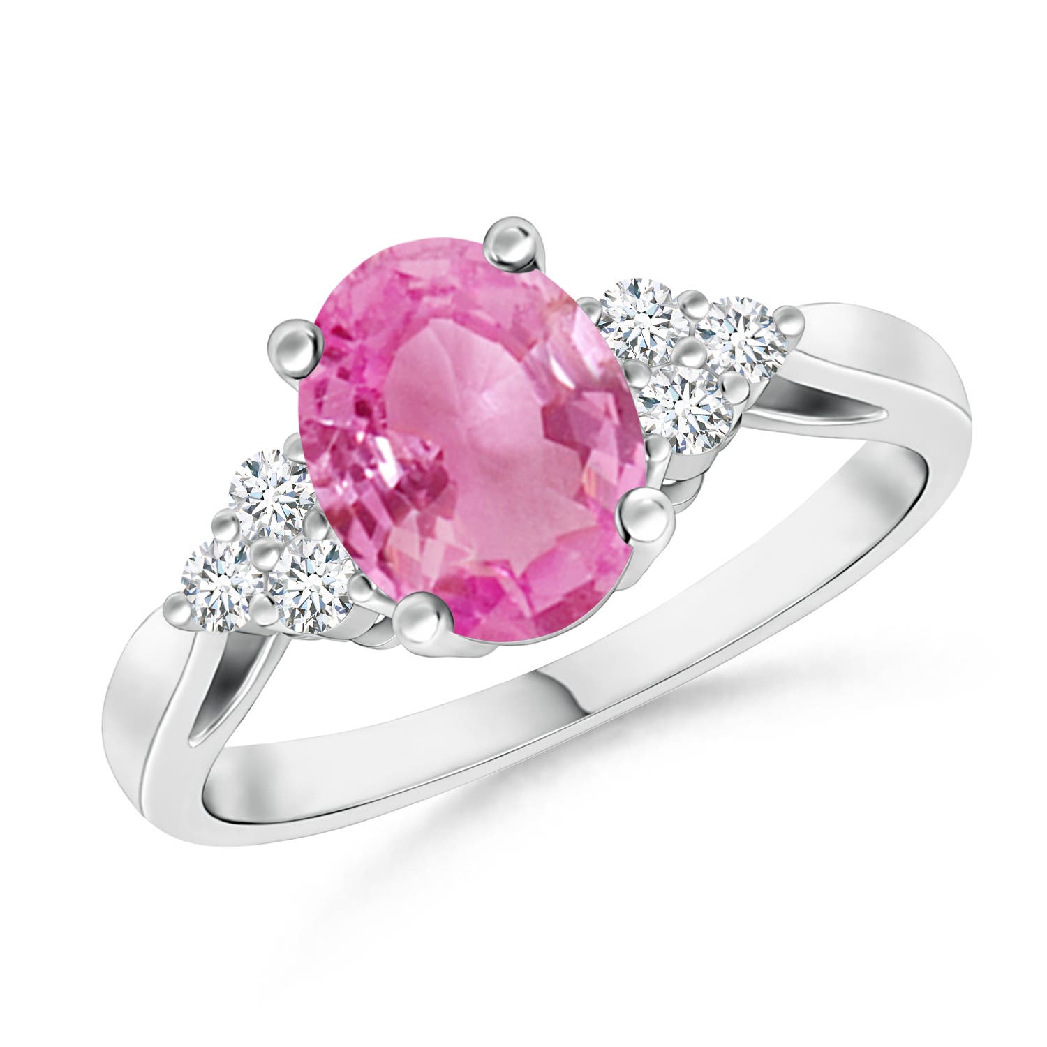 8x6mm AA Oval Pink Sapphire Cocktail Ring With Trio Diamond Accents in 18CT White Gold