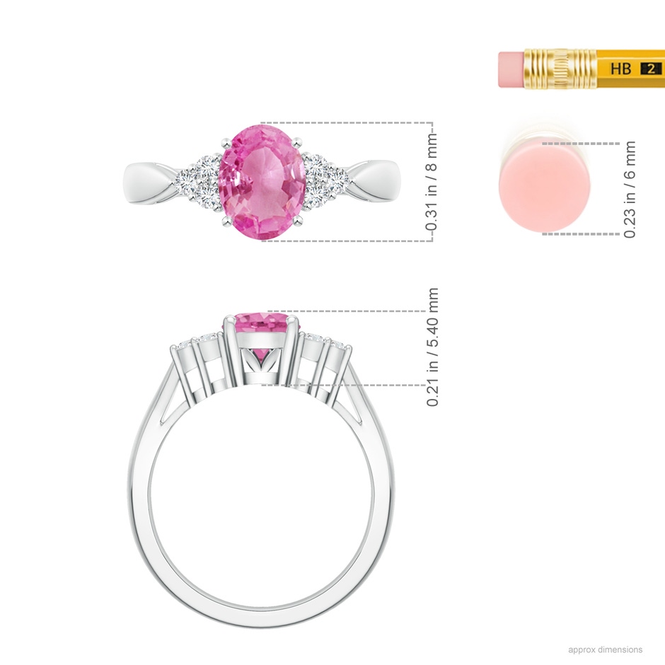 8x6mm AA Oval Pink Sapphire Cocktail Ring With Trio Diamond Accents in White Gold ruler