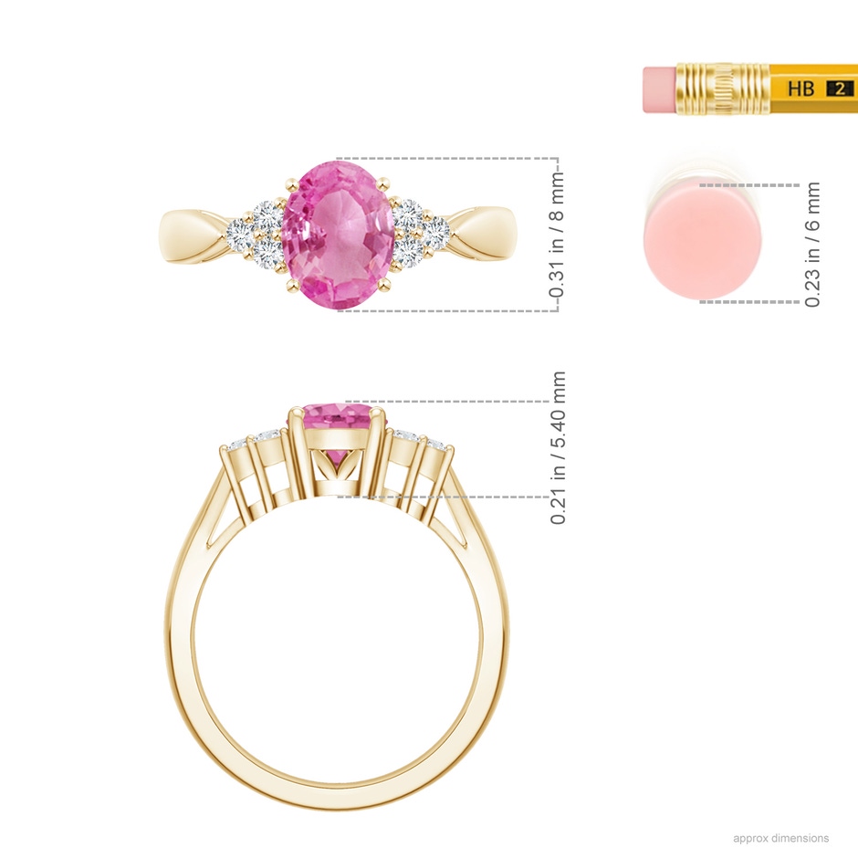 8x6mm AA Oval Pink Sapphire Cocktail Ring With Trio Diamond Accents in Yellow Gold ruler