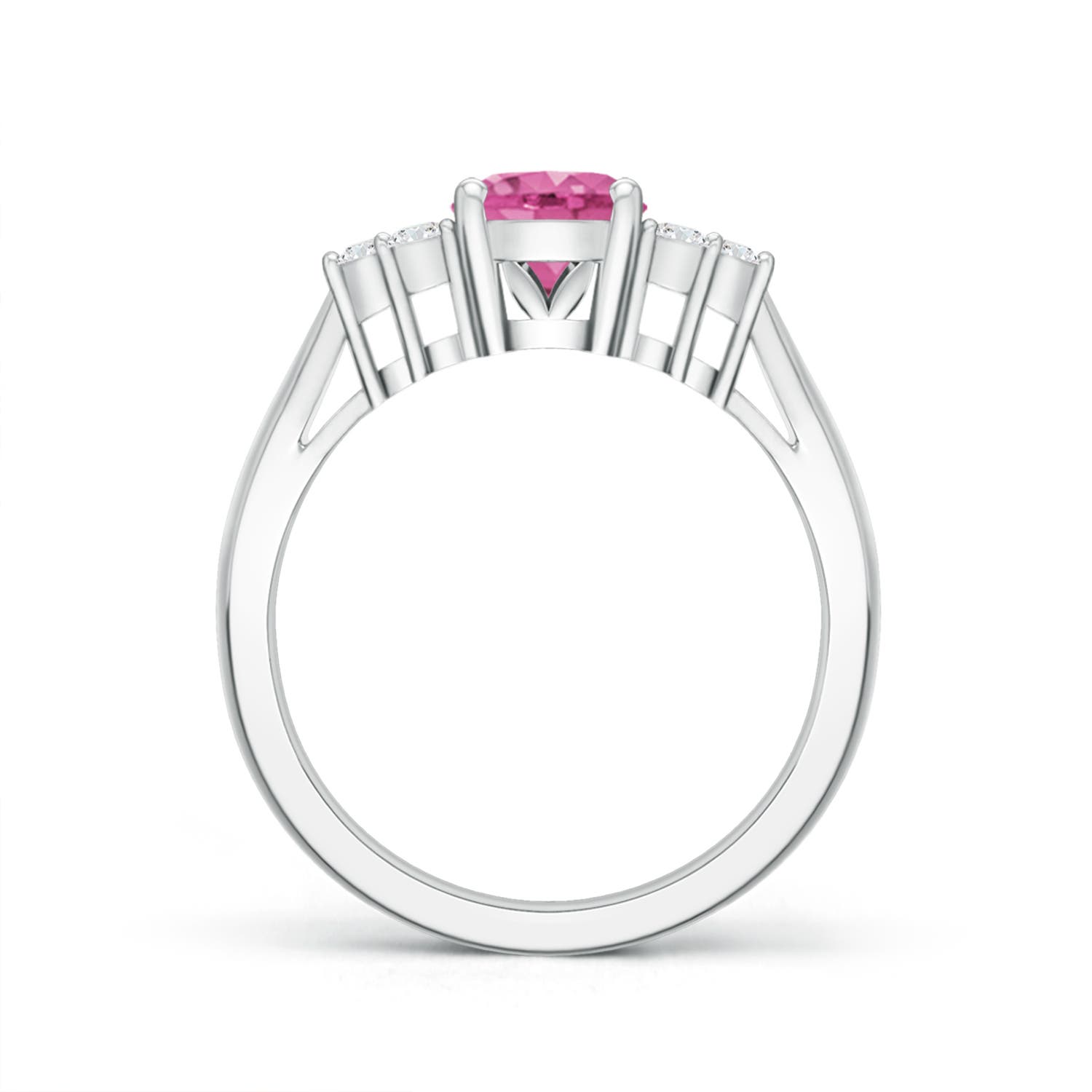 8x6mm AAA Oval Pink Sapphire Cocktail Ring With Trio Diamond Accents in 18K White Gold - side 3