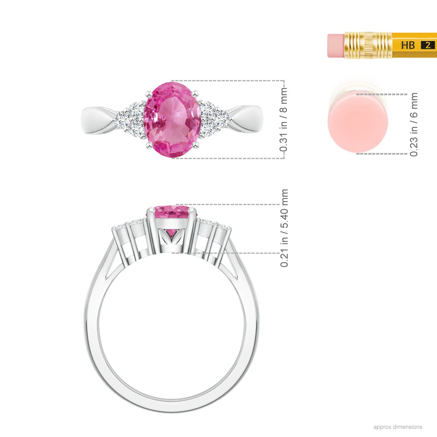 8x6mm AAA Oval Pink Sapphire Cocktail Ring With Trio Diamond Accents in 18K White Gold - ruler
