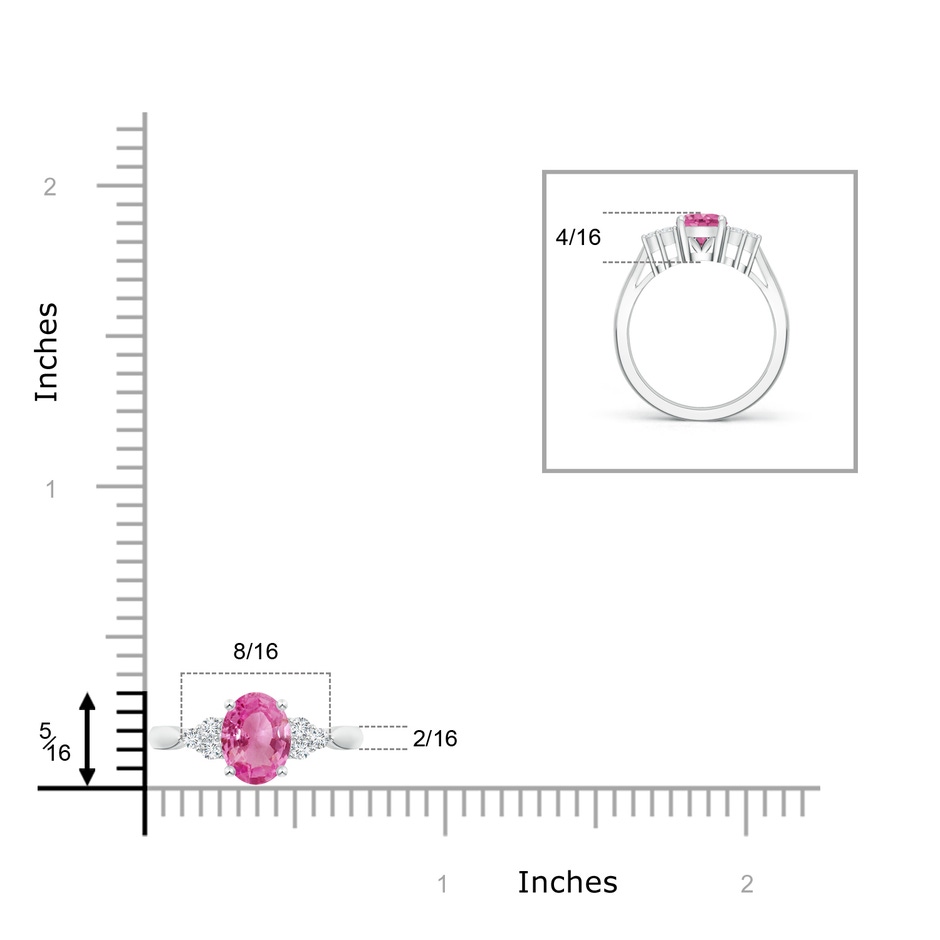 8x6mm AAA Oval Pink Sapphire Cocktail Ring With Trio Diamond Accents in White Gold ruler