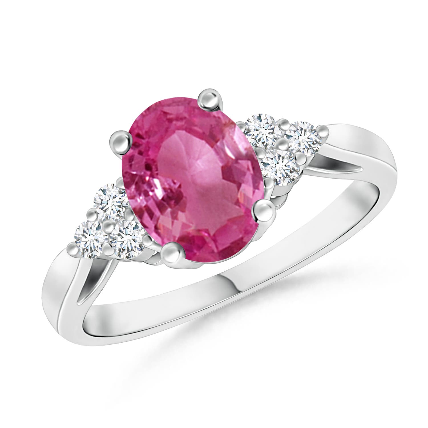 8x6mm AAAA Oval Pink Sapphire Cocktail Ring With Trio Diamond Accents in 18CT White Gold