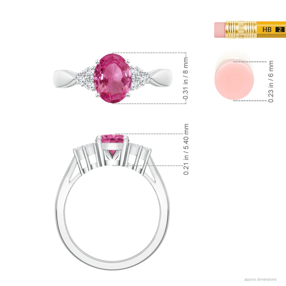 8x6mm AAAA Oval Pink Sapphire Cocktail Ring With Trio Diamond Accents in P950 Platinum ruler