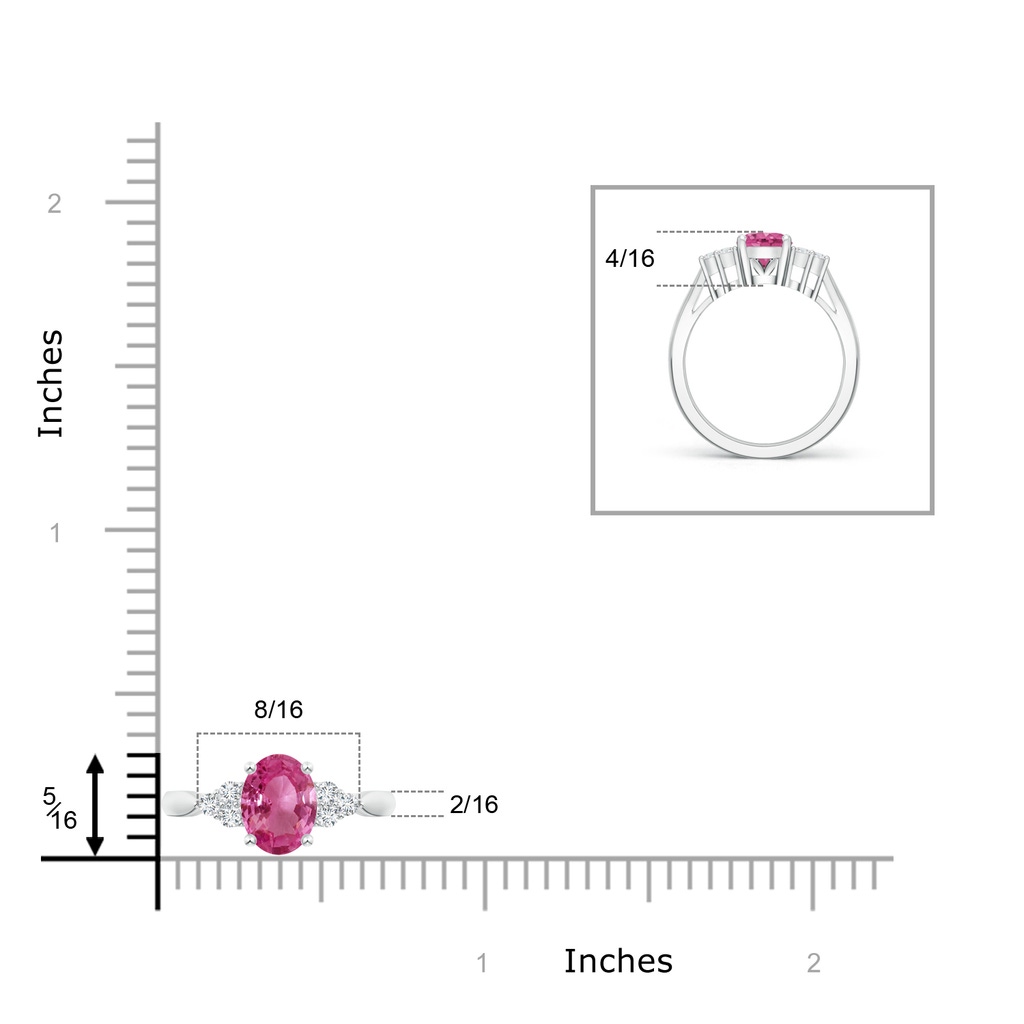 8x6mm AAAA Oval Pink Sapphire Cocktail Ring With Trio Diamond Accents in White Gold Ruler