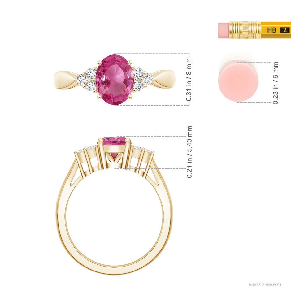 8x6mm AAAA Oval Pink Sapphire Cocktail Ring With Trio Diamond Accents in Yellow Gold ruler