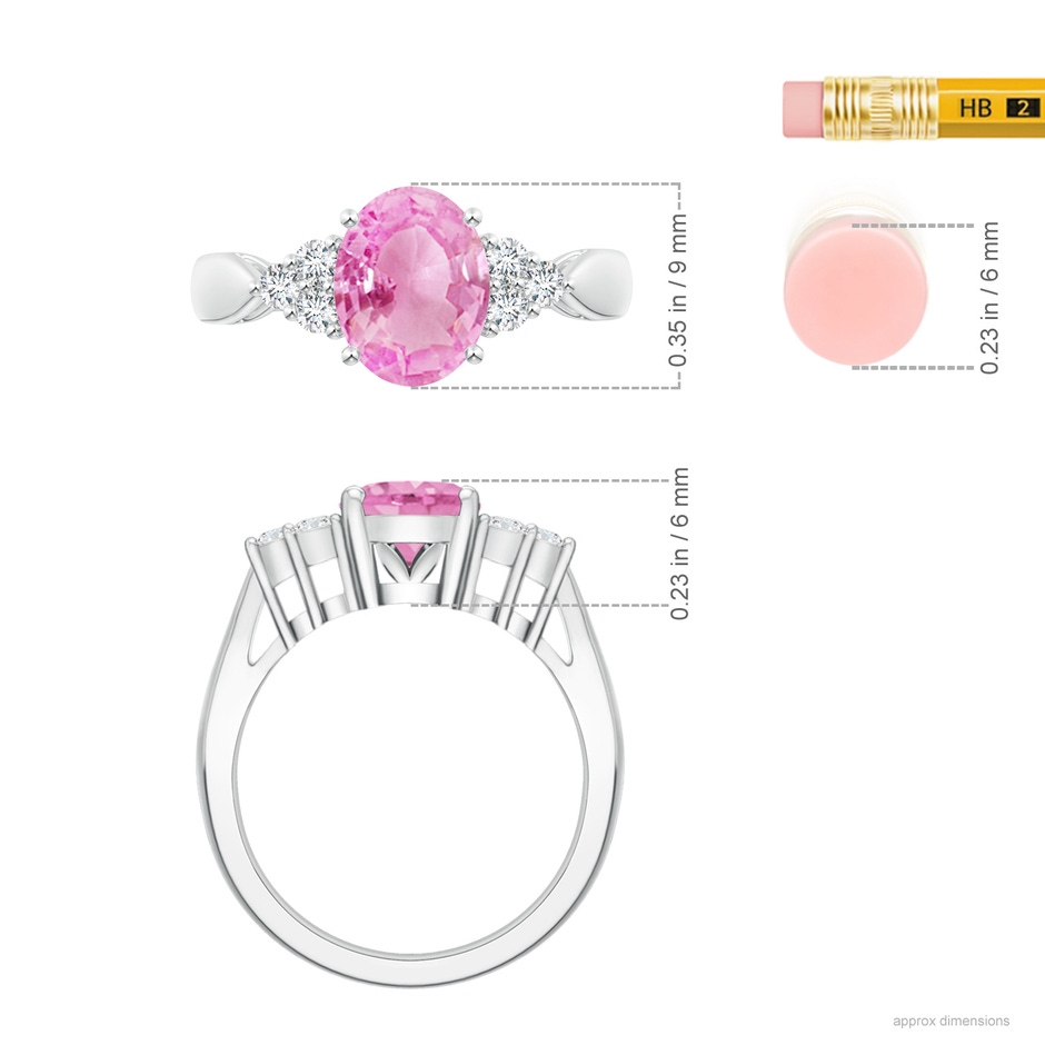 9x7mm A Oval Pink Sapphire Cocktail Ring With Trio Diamond Accents in P950 Platinum ruler