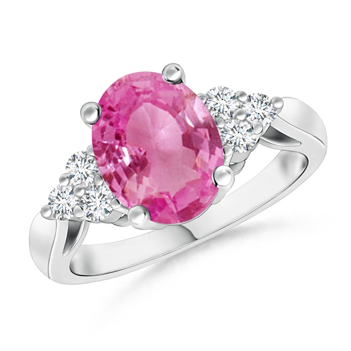 9x7mm AAA Oval Pink Sapphire Cocktail Ring With Trio Diamond Accents in White Gold 