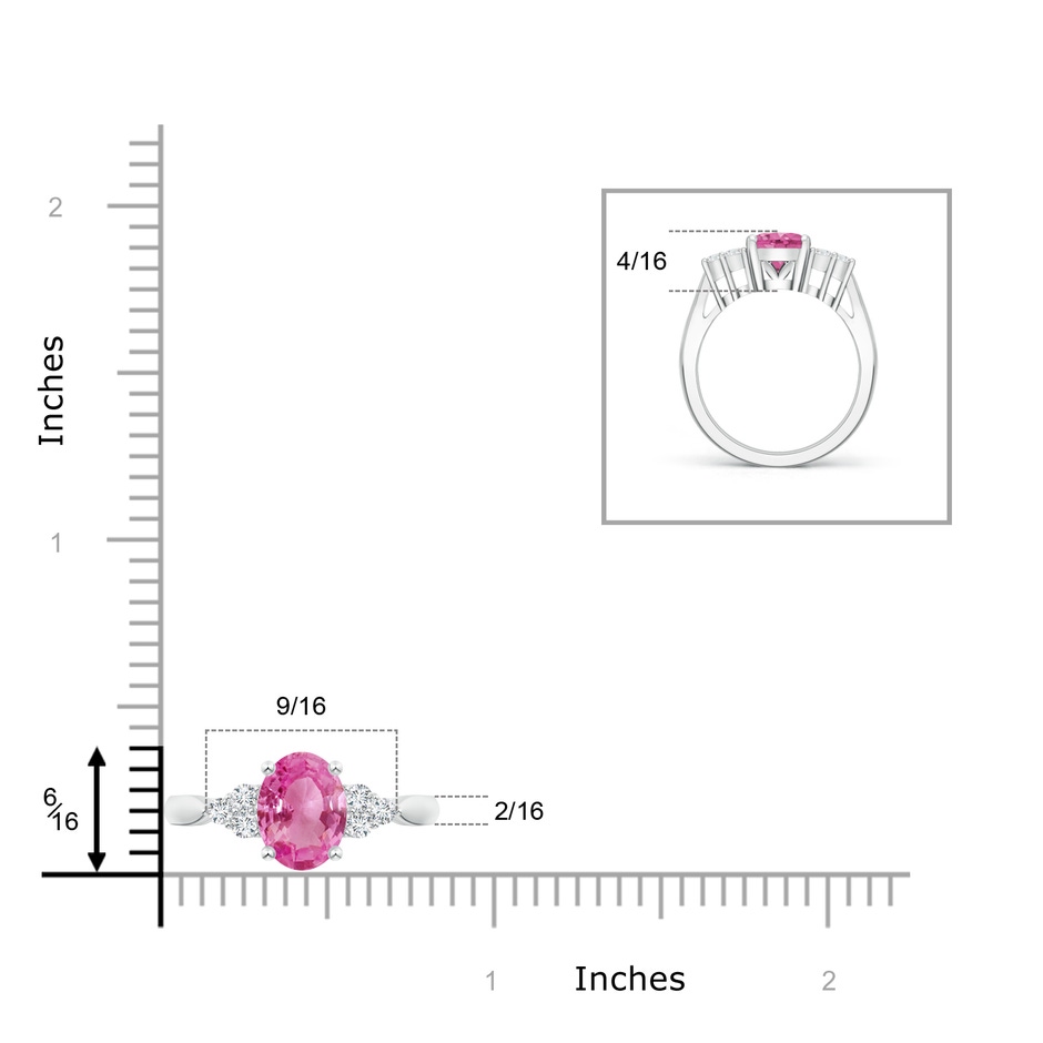 9x7mm AAA Oval Pink Sapphire Cocktail Ring With Trio Diamond Accents in White Gold ruler