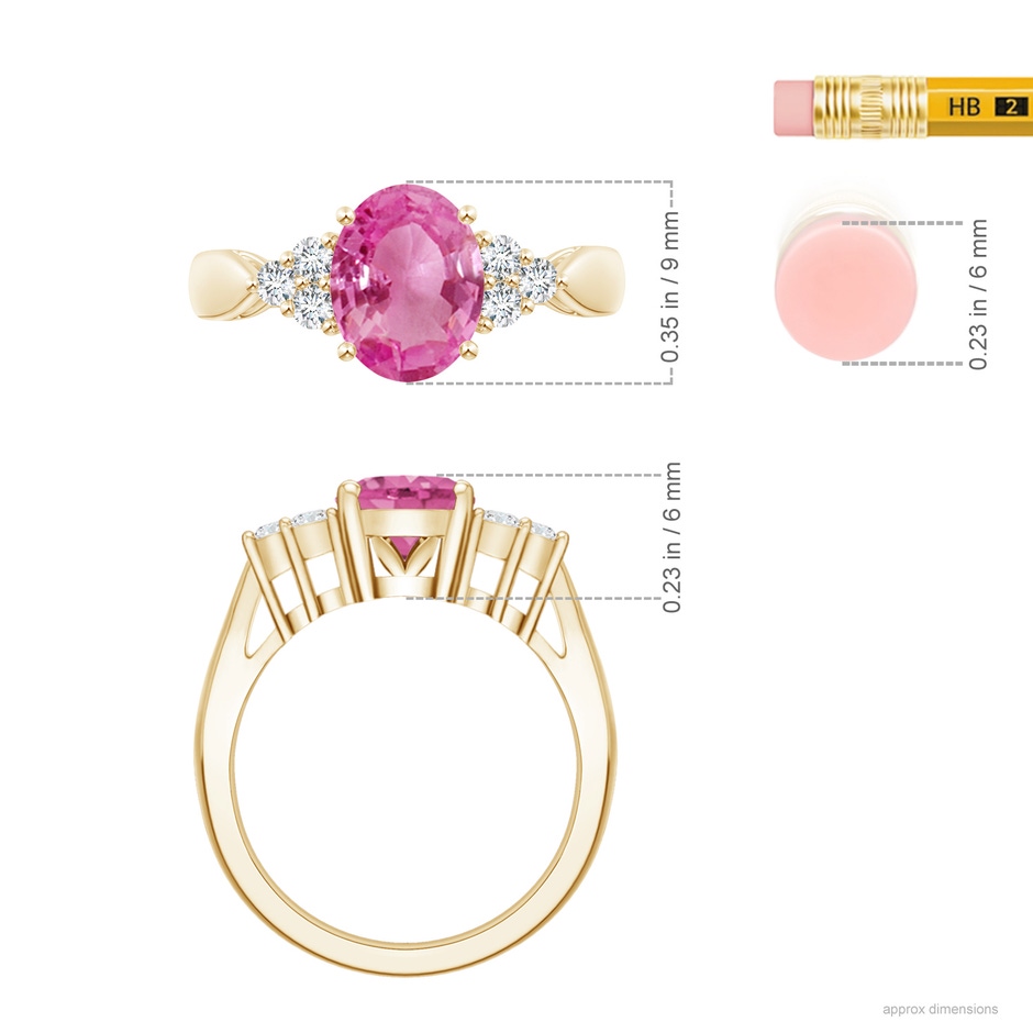 9x7mm AAA Oval Pink Sapphire Cocktail Ring With Trio Diamond Accents in Yellow Gold ruler