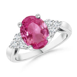 9x7mm AAAA Oval Pink Sapphire Cocktail Ring With Trio Diamond Accents in 9K White Gold