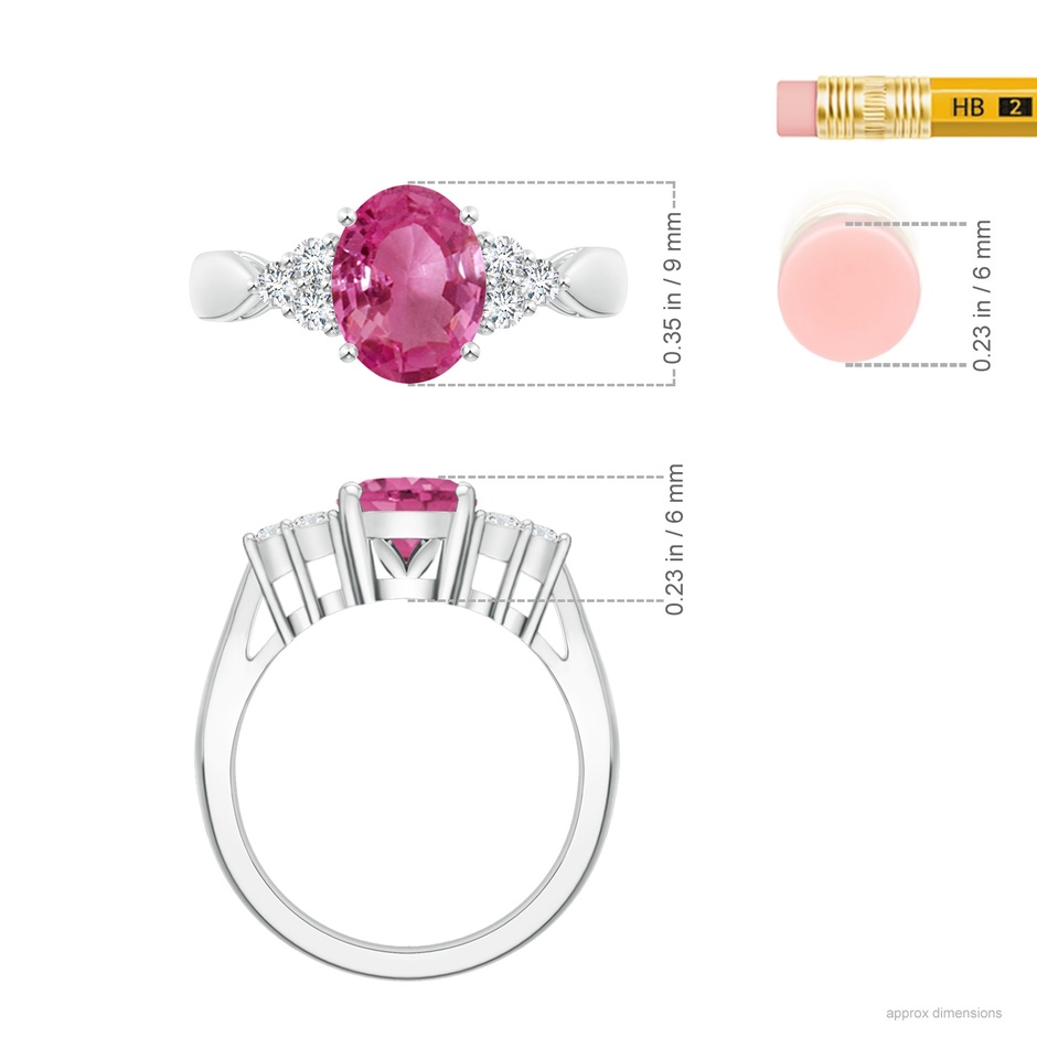 9x7mm AAAA Oval Pink Sapphire Cocktail Ring With Trio Diamond Accents in P950 Platinum ruler