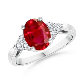 8x6mm AAA Oval Ruby Cocktail Ring With Trio Diamond Accents in White Gold