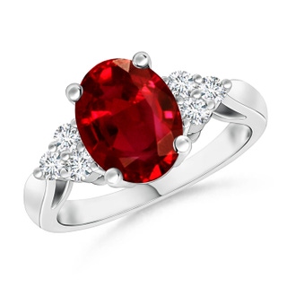 9x7mm AAAA Oval Ruby Cocktail Ring With Trio Diamond Accents in P950 Platinum
