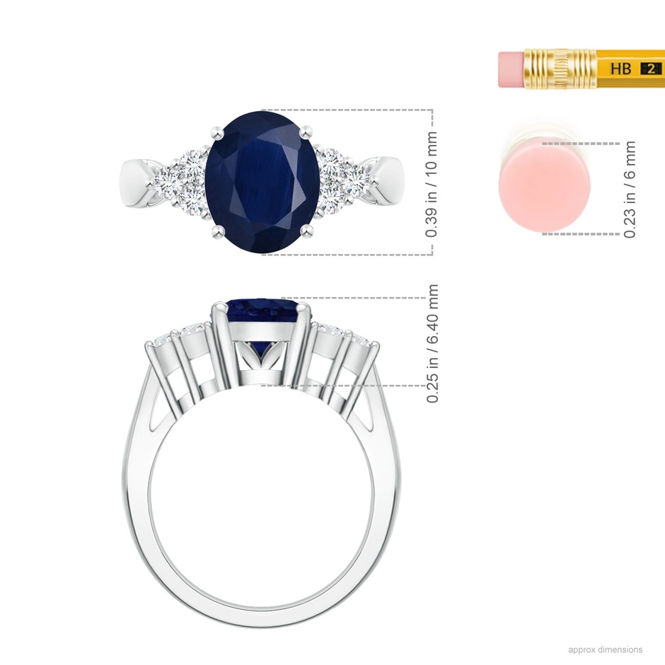 10x8mm A Oval Blue Sapphire Cocktail Ring With Trio Diamond Accents in 18K White Gold ruler