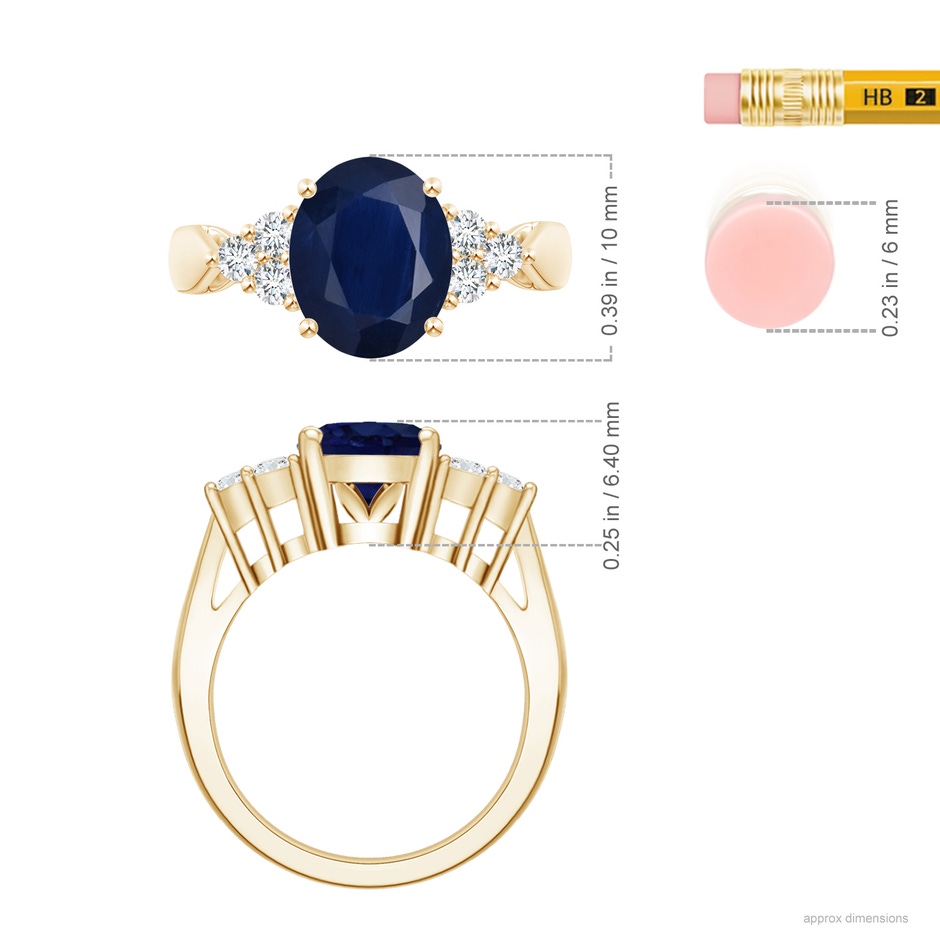 10x8mm A Oval Blue Sapphire Cocktail Ring With Trio Diamond Accents in 18K Yellow Gold ruler