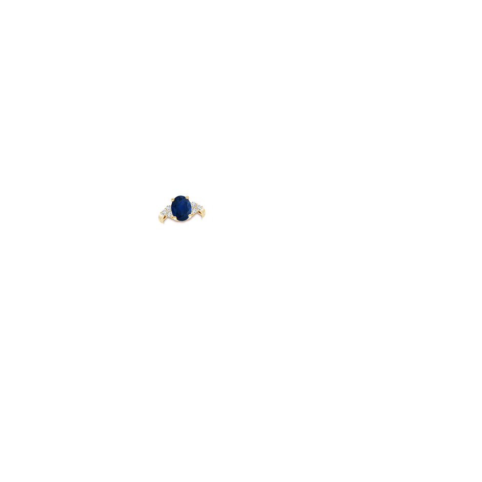 10x8mm AA Oval Blue Sapphire Cocktail Ring With Trio Diamond Accents in Yellow Gold hand