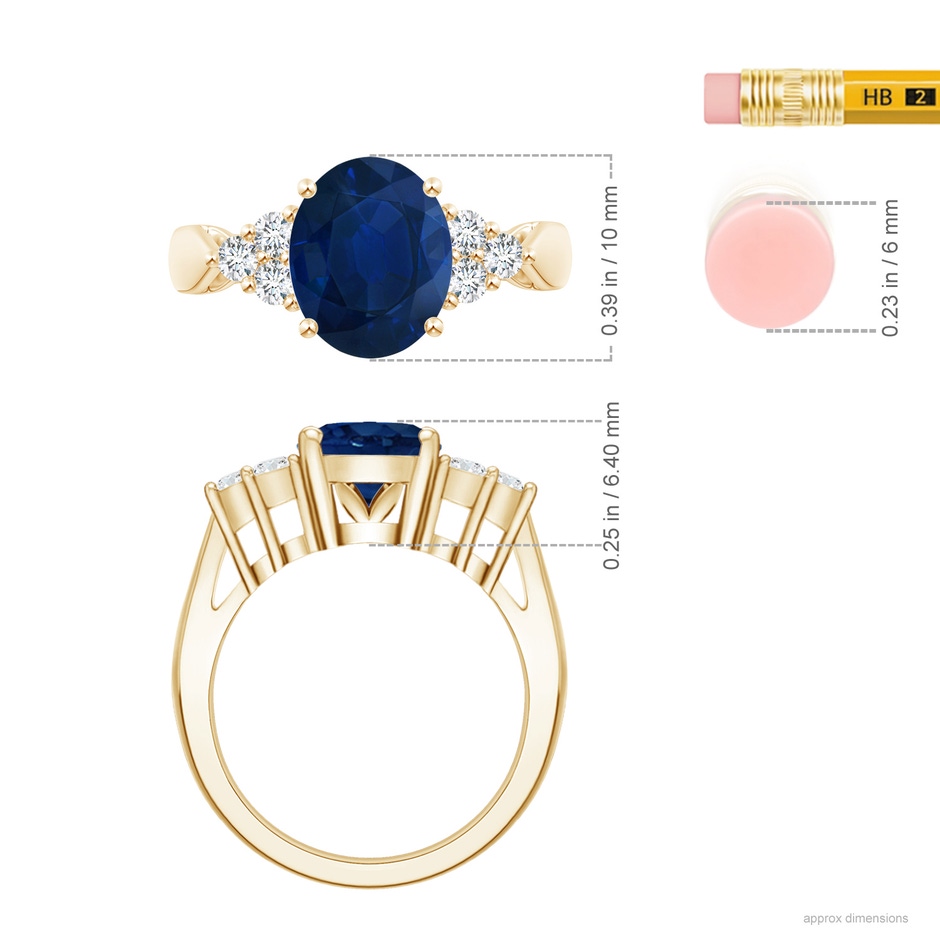 10x8mm AA Oval Blue Sapphire Cocktail Ring With Trio Diamond Accents in Yellow Gold ruler