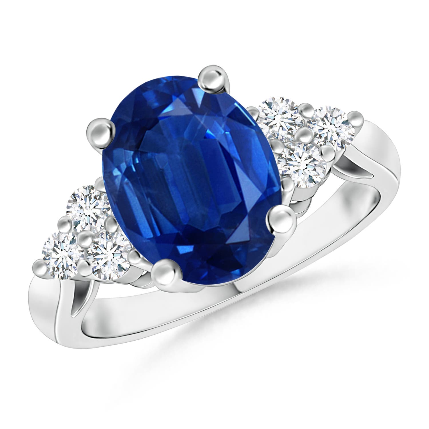 10x8mm AAA Oval Blue Sapphire Cocktail Ring With Trio Diamond Accents in 18K White Gold
