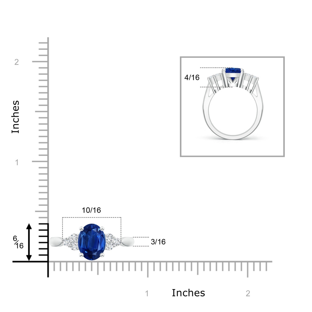 10x8mm AAA Oval Blue Sapphire Cocktail Ring With Trio Diamond Accents in White Gold Ruler