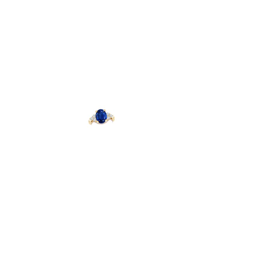 10x8mm AAA Oval Blue Sapphire Cocktail Ring With Trio Diamond Accents in Yellow Gold hand