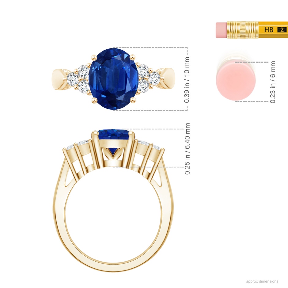 10x8mm AAA Oval Blue Sapphire Cocktail Ring With Trio Diamond Accents in Yellow Gold ruler