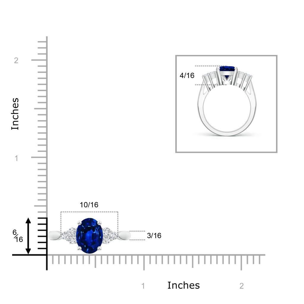 10x8mm AAAA Oval Blue Sapphire Cocktail Ring With Trio Diamond Accents in P950 Platinum Ruler