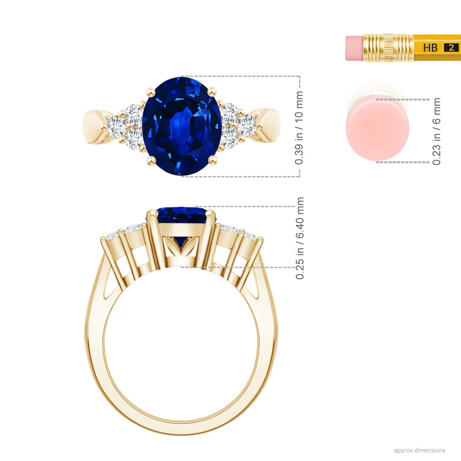10x8mm AAAA Oval Blue Sapphire Cocktail Ring With Trio Diamond Accents in Yellow Gold ruler