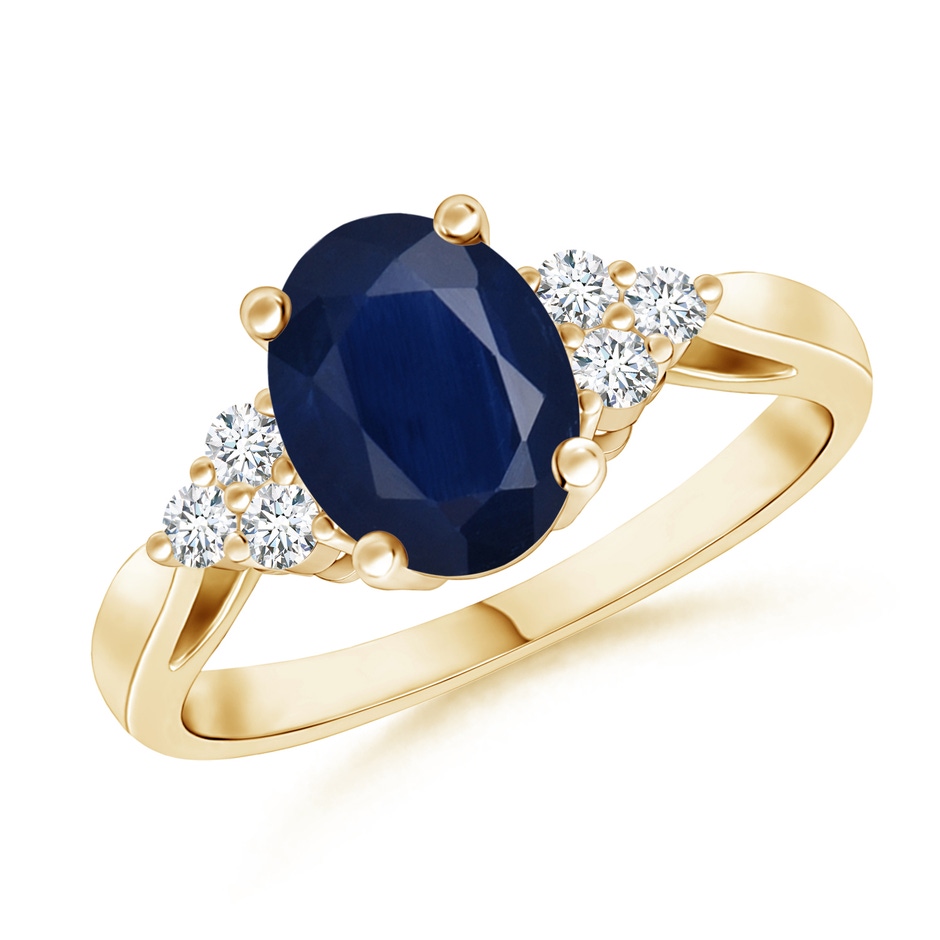 8x6mm A Oval Blue Sapphire Cocktail Ring With Trio Diamond Accents in Yellow Gold 