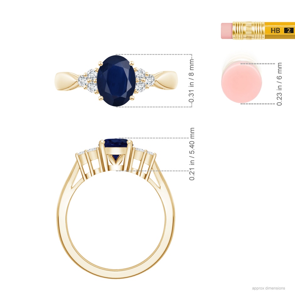 8x6mm A Oval Blue Sapphire Cocktail Ring With Trio Diamond Accents in Yellow Gold ruler