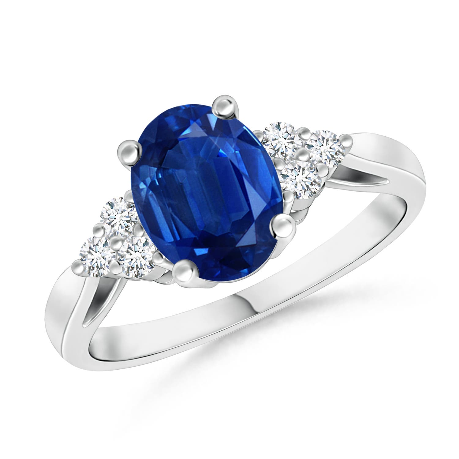 8x6mm AAA Oval Blue Sapphire Cocktail Ring With Trio Diamond Accents in 18K White Gold